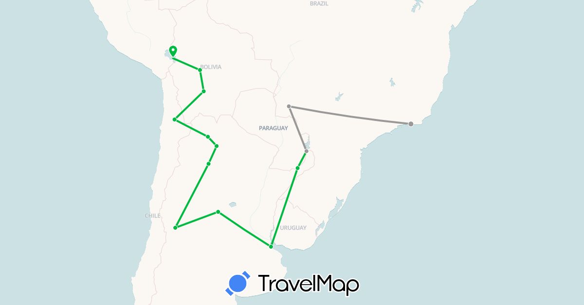 TravelMap itinerary: driving, bus, plane in Argentina, Bolivia, Brazil, Chile (South America)